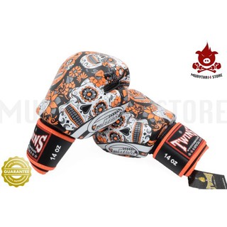 นวมชกมวย TWINS SPECIAL BOXING GLOVES FANCY FBGV-53 Skull design Orange Color นวมต่อยมวย หนังแท้ ลายหัวกะโหลก สีส้ม