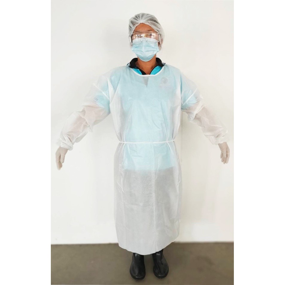 ชุดกาวน์ใยสังเคราะห์ Isolation Gown สปันบอนด์กันนำ้ ใช้เเล้วทิ้ง แบบสวมผูกเชือกด้านหลัง