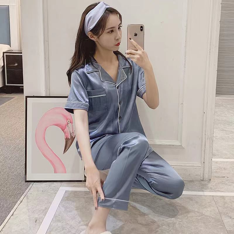 6666 E ชุดนอนแขนสั้นขายาว ชุดนอนผ้าซาติน บาง สีพื้น ผ้าไม่ลื่นและไม่หยาบมาก ใส่สบาย สินค้าพร้อมส่งไม่ต้องรอพรีออเดอร์นาน - รูปที่ 5