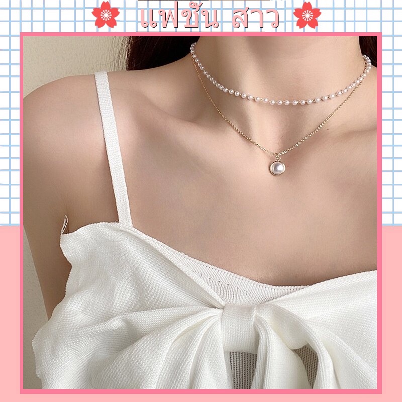 [จัดส่งในกทม]สร้อยคอ สร้อยคอโซ่ จี้ประดับมุก สร้อยคอสีเงิน สไตล์โบฮีเมียน วินเทจ เครื่องประดับสำหรับผู้หญิง