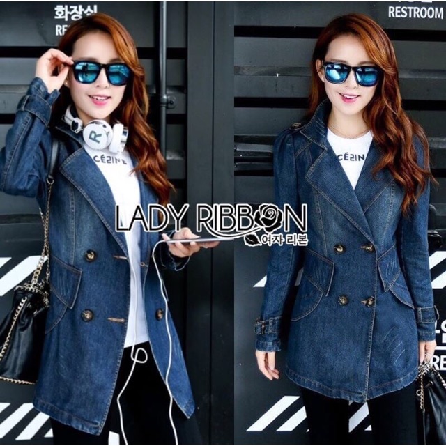 Lady Tina Sporty Sweet Double-Breasted Denim Long Jacket