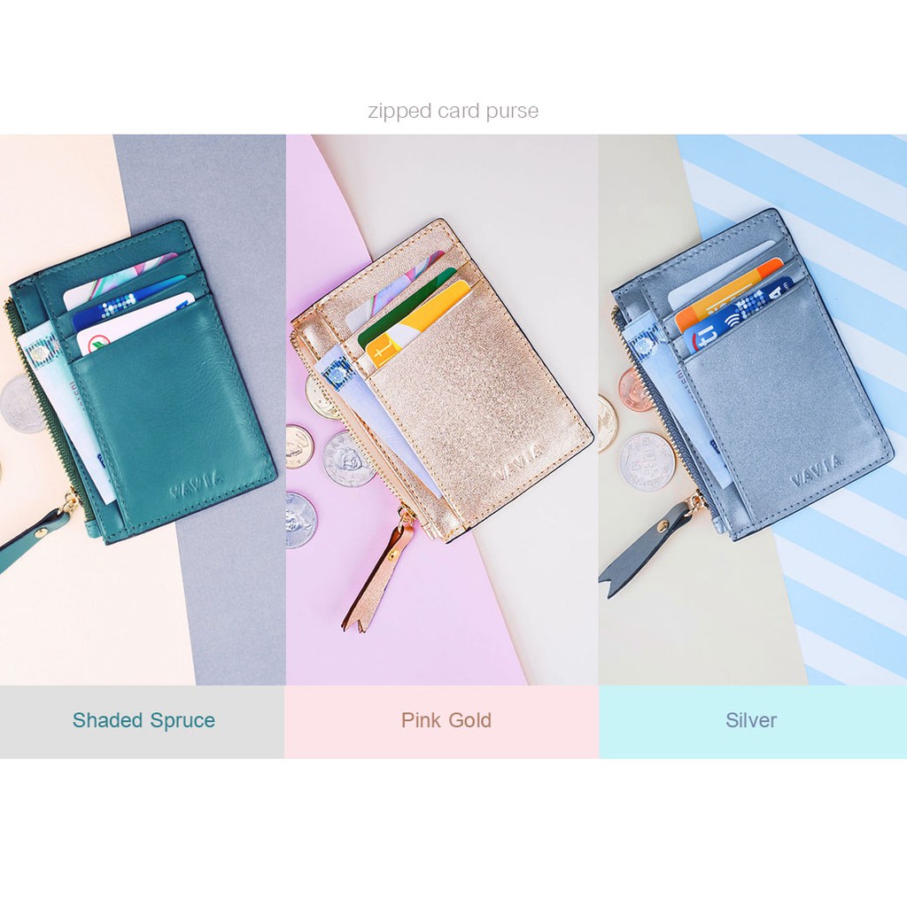 (มีโค้ดส่วนลด)พร้อมส่ง Vavia Zipped Card Purse กระเป๋าใส่บัตรแบบซิป  หนังวัวแท้ มี 8 ช่อง