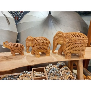 ช้าง ไม้แกะสลัก ลายฉลุ มี ลูกช้าง ด้านใน ช้างตั้งครรภ์ carved wood elephant with baby inside