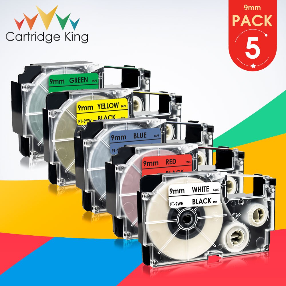 5PK Mixed Color XR-9WE XR-9RD XR-9BU XR-9YW XR-9GN 9mm Label Tape for Casio KL-60 KL-120 KL-100 KL-2