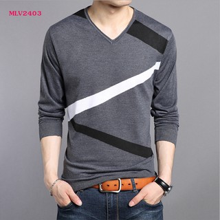 เสื้อแฟชั่นผู้ชาย คอวี แขนยาว (สีเทา) รหัส MLV2403