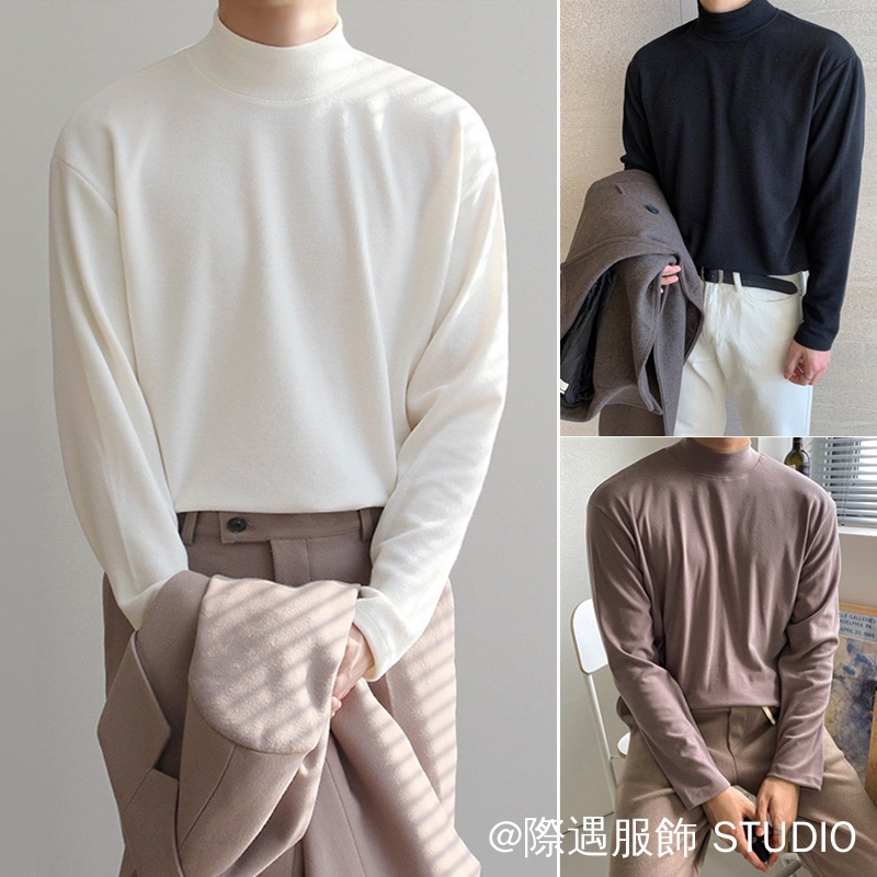 เกาหลีเกาหลีขนาดเล็กคอสูงฤดูใบไม้ร่วงครึ่งคอสูง จุดต่ําสุด เสื้อผู้ชายหลวมสีดําอบอุ่นครึ่งคอสูงเสื้อผ้าฤดูใบไม้ร่วงสวมใส่ด้านนอกผู้ชายแขนยาวเสื้อยืดสีทึบยาวทีคอสู