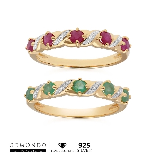 Gemondo แหวนเงินแท้ 925 ชุบทอง 18K ประดับมรกต (Emerald) หรือ ทับทิม (Ruby) และเพชร (Diamond) ดีไซน์วิคเทอเรีย / แหวนแถว