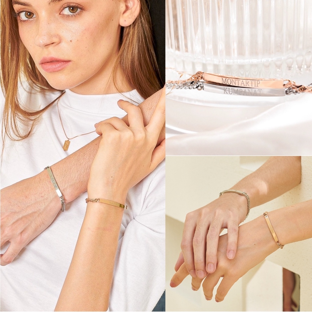 G.NIGHTDAY-(ส่งของภายใน3วัน) สร้อยข้อมือสแตนเลสคู่ บาร์ยาว สลักชื่อตรงบาร์ งาน Unisex (เลสบาร์ยาว)