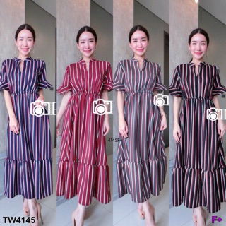 (4145) Maxi Dress แมกซี่เดรสยาว คอจีนลายนริ้วสลับสี