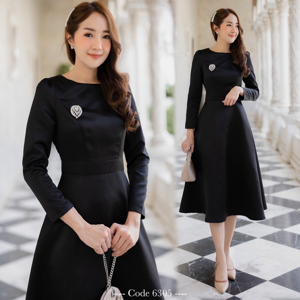 พร้อมส่ง เดรสผ้าไหมออกงาน สีดำ สวยเรียบหรู แขนสี่ส่วนคอกลม กระโปรงทรงเอ กระโปรงทรงเจ้าหญิงสวยมากค่ะ S-3XL