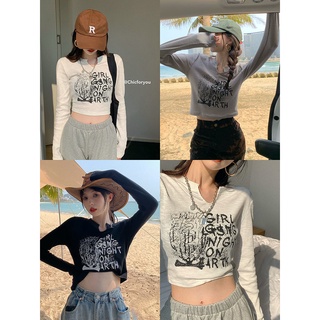 เสื้อยืดครอป แขนยาว คอวี พิมพ์ลาย สไตล์เกาหลี เซ็กซี่ สําหรับผู้หญิง
