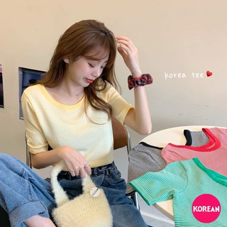 🎀Korean Fashion🎀เสื้อยืดแขนสั้นคอกว้างแต่งขอบสี ลายริ้วเล็กๆ ผ้าไหมพรมยืด 4 สี แฟชั่น