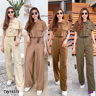 TW14571 Set 2 ชิ้น เสื้อครอปคอปก กระดุมหน้า มีกระเป๋าหน้า เข้าเซตกับกางเกงขายาวมีกระเป๋าข้าง พร้อมส่ง