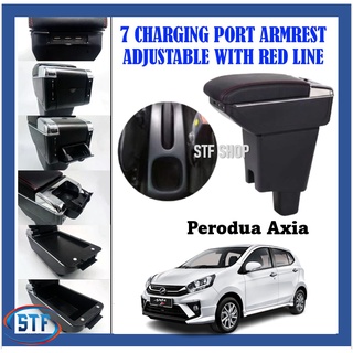 Perodua Axia ( 2014-2022 ) ที่พักแขน USB ปรับได้ 7 พอร์ตชาร์จ พร้อมสายสีแดง