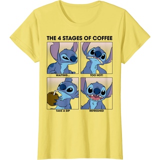 tshirtเสื้อยืดคอกลมฤดูร้อนเสื้อยืดแขนสั้นลําลอง คอกลม พิมพ์ลาย Disney Lilo &amp; Stitch 4 Stages Of Coffee แฟชั่นสําหรับผู้ช