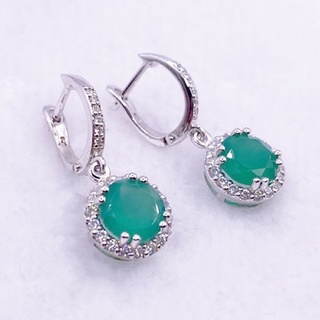 CL900 L6405 ต่างหูพลอยโมราแท้  ( Chrysoprase ) แบบอิงลิชล็อค ตัวเรือนเงินแท้ 925 ชุบทองคำขาว