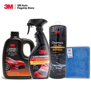 3M แชมพูล้างรถ PN39000W + เคลือบเงา PN39034LT + ผ้าชามัวส์ Chamois Auto Care + ผ้าไมโครฯ สีฟ้า 30x30 cm.