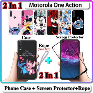 2 IN 1 เคส Motorola One Action Case พร้อมกระจกนิรภัยกันรอยหน้าจอโค้งเซรามิค Stich และ Minnie