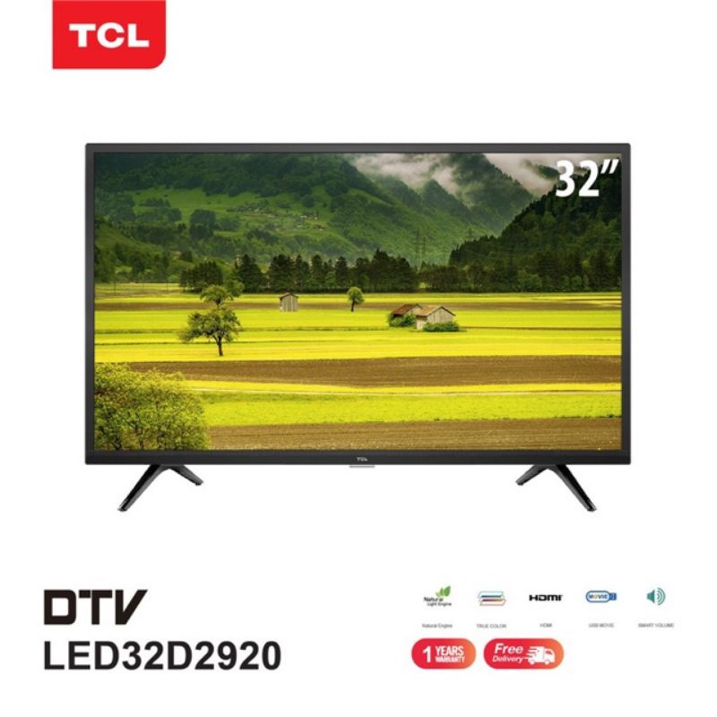 TCL ทีวี 32 นิ้ว LED HD 720P (รุ่น 32D2920) -DVB-T2- AV In-HDMI-USB-Slim ดิจิตอลทีวี