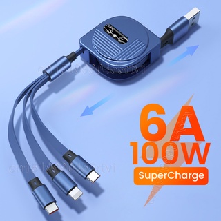 3 in 1 สายชาร์จ USB 6A 100W พับเก็บได้ แบบพกพา Micro USB Type C สายชาร์จ สําหรับ Samsung