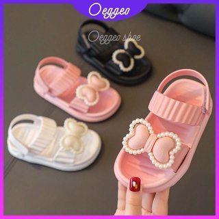 Oeggeo shop รองเท้าแตะ Velcro ส้นแบน กันน้ํา ประดับโบว์มุก สําหรับเด็ก