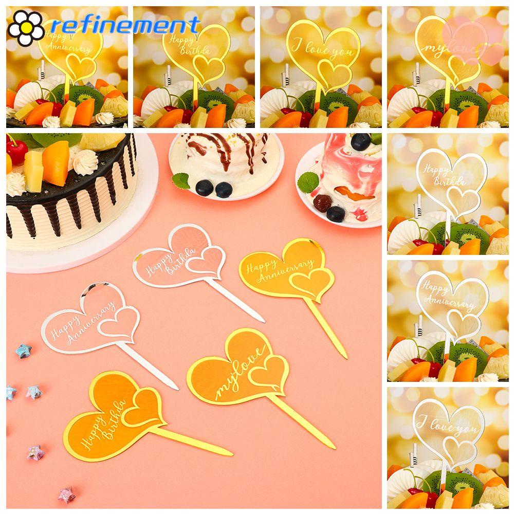 REFINEMENT Party Supplies Cake Topper Golden Silver Happy Birthday Cupcake Decoration DIY I love