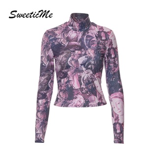 Sweeticme ใหม่ เสื้อยืดลําลอง แขนยาว คอกลม เข้ารูป พิมพ์ลาย เซ็กซี่ แฟชั่นสําหรับสตรี 2022