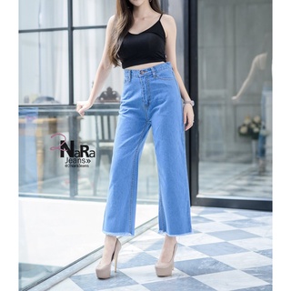 2NaraJeans กางเกงยีนส์ ทรงกระบอก ขาตรง เอวสูง ผ้ายีนส์ไม่ยืด ปลายขารุ่ย ยีนส์ผู้หญิง สียีนส์อ่อน