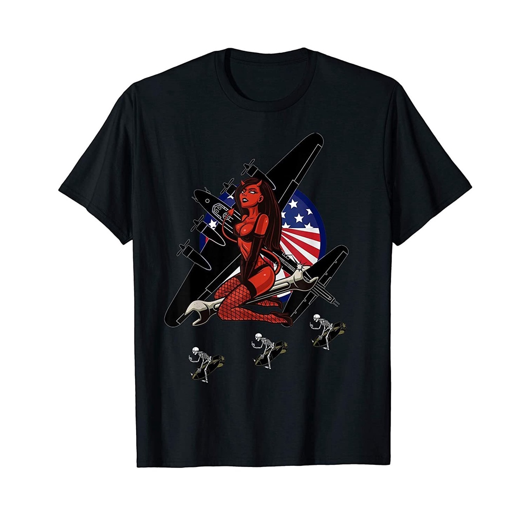 Wwii Nose Art Bomber Devil Retro B17 Vintage Bomber เสื้อยืดลําลองผู้ชาย