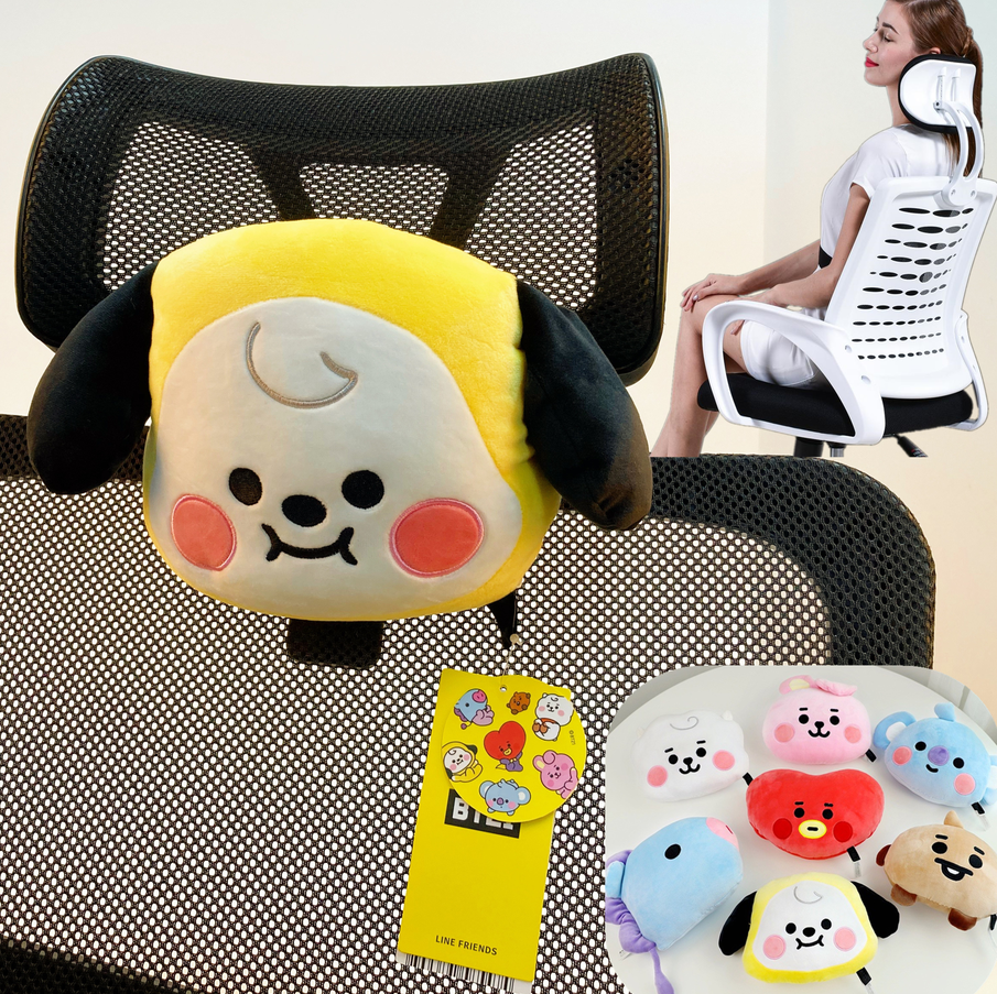 เก้าอี้สํานักงานส่วนที่เหลือพนักพิงศีรษะ KPOP BTS BT21 การ์ตูนตุ๊กตาหมอนรองคอรถนุ่มเพื่อปกป้องคอ