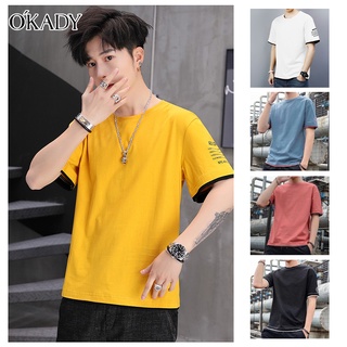 OKADY ฤดูร้อนผู้ชายเสื้อยืดแฟชั่นคอกลมสีทึบแขนสั้นสองตัวอักษรพิมพ์เสื้อยืดผู้ชาย