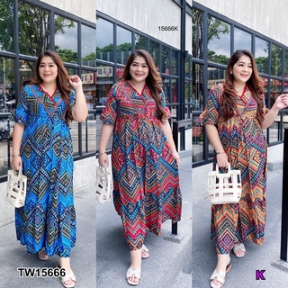 J15666 เดรส#ฺBigzise แขนระบาย คอวีแต่งเทป พิมลาย Dress #Big Size, ruffled sleeves, V-neck, tape decorated, printed patte