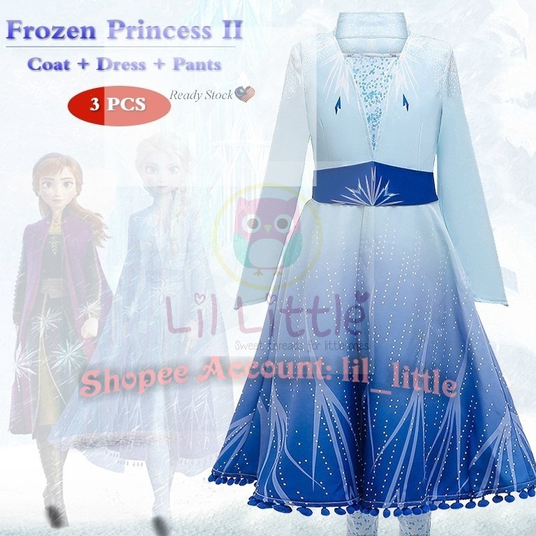 Lil Little GST18 เด็กผู้หญิง Frozen Princess Elsa เครื่องแต่งกายแขนยาวชุดคอสเพลย์พร้อมเสื้อโค้ท 3 ชิ