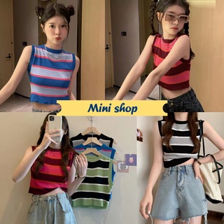 Mini shop🌸พร้อมส่ง🌸 (85119)  เสื้อกล้ามทรงครอปสั้น ดีเทลลายทางน่ารักมากคิ้วสุด