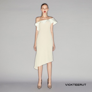 VICKTEERUT Off Shoulder Frill Midi Dress เดรสเปิดไหล่ตกแต่งระบาย