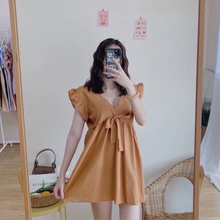 มินิเดรสคอวีแหวกอก แขนตัดแต่งโบว์กลางอกน่ารักๆ ค่าผ้าฝ้าย ใส่สบาย สีตามภาพน้า ขนาด อก 37 เอว 34 สะโพก 50 ยาว 30รอบแขน 19