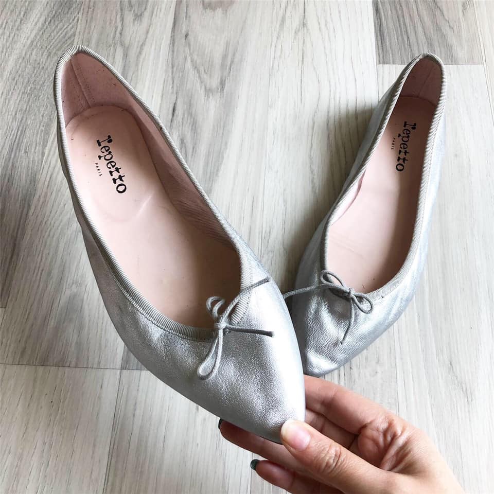 รองเท้าผู้หญิง Repetto Made in France s.38รองเท้าแฟลตหนังแท้สีเงินเมทัลลิก