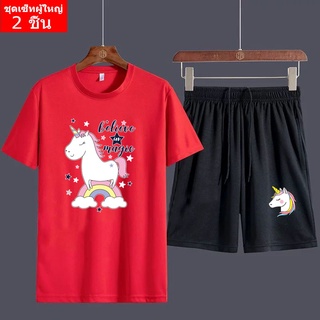 (2 ชิ้น ) BK306+FF343 ชุดเซ็ทแขนสั้น  ชุดเสื้อยืดคู่กางเกงขาสั้นสีดำ ลายสกรีน