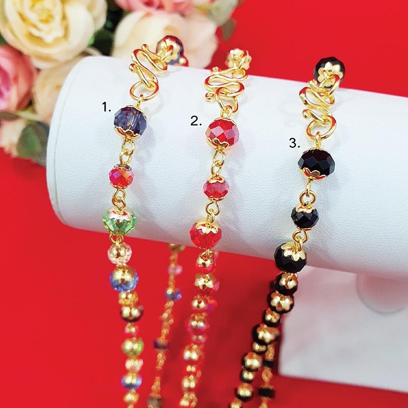 สร้อยคอคริสตัลโมดาร์กลมแบนสีนพเก้า  สีแดง สีดำ  8 มิล สลับ 6มิล สายสีทอง ความยาว 24 นิ้ว สีนิล สร้อยคอทอง