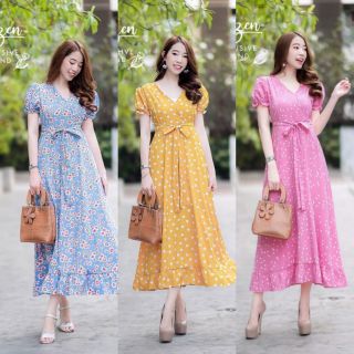 MaxiDress แม็กซี่เดรส แขนตุ๊กตา ผ้าหางกระรอก ผูกโบเอว งานเรียบๆ แต่งสวยสุดๆ ชายเดรสแต่งระบายๆ รอบๆ มีซับในกระโปรง