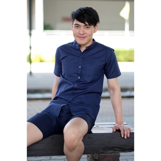 เดอะรูม THE ROOMS เสื้อเชิ้ตคอจีนแขนสั้น ผ้าอ็อกฟอร์ด ทรงสลิม สีกรมท่า