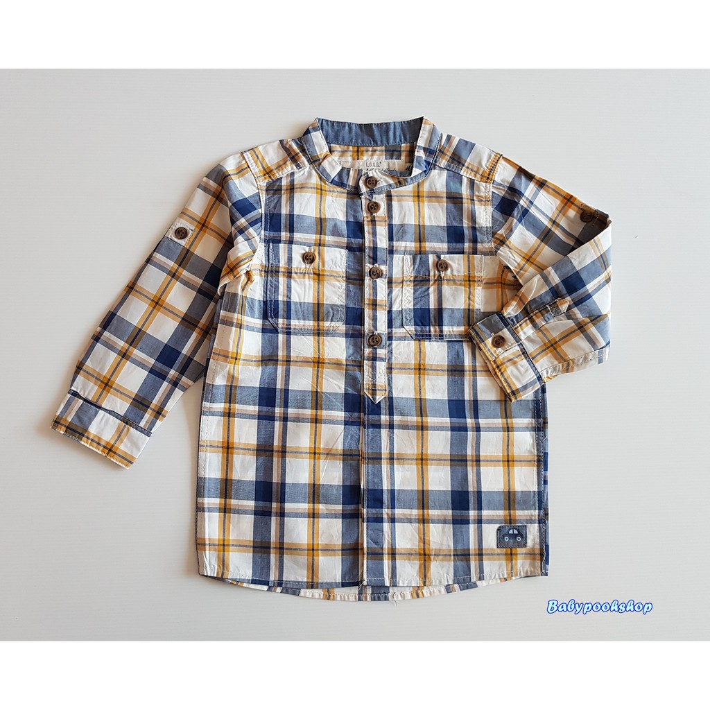 เสื้อเด็ก L.O.G.G : เสื้อเชิ๊ตแขนยาว เด็กเล็ก คอจีน ลายตารางสีเหลืองน้ำเงิน  size : 12-18m / 1.5-2y