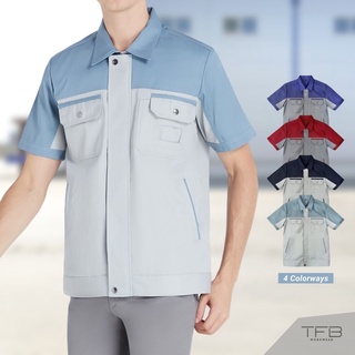 เสื้อช็อป เสื้อช็อปช่าง แขนสั้น แบบซิป สีเทาอ่อน-ฟ้า TFB Workwear