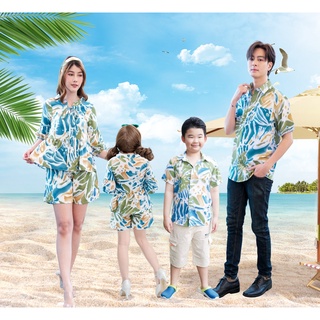 ชุดครอบครัว ชุดไปทะเล Fluffy Hawaii เสื้อ+กางเกง ชุดฮาวาย ชุดคู่ ชุดแม่ลูก เสื้อฮาวาย เสื้อแขนพอง กางเกงขาสั้น