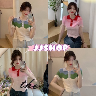 JJ shop 💜พร้อมส่ง เสื้อไหมพรมคอปกแขนสั้น ติดกระดุมสีน่ารักๆเกาหลีเกาใจ "C571" -N