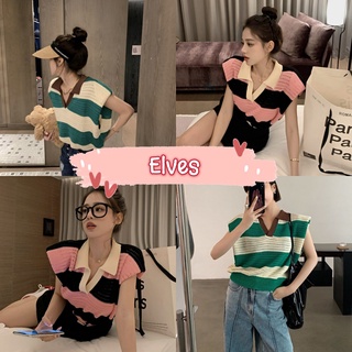 Elves✨พร้อมส่ง✨   เสื้อไหมพรม คอปก แขนกุด ทรงหลวมใส่สบายดีเทลลายทางน่ารัก ~DX-2031~