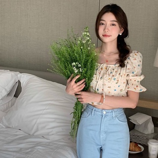 เสื้อคอกว้าง แขนสั้น ผ้าชีฟอง ลายดอกไม้ เข้ากับทุกการแต่งกาย สไตล์ฝรั่งเศส