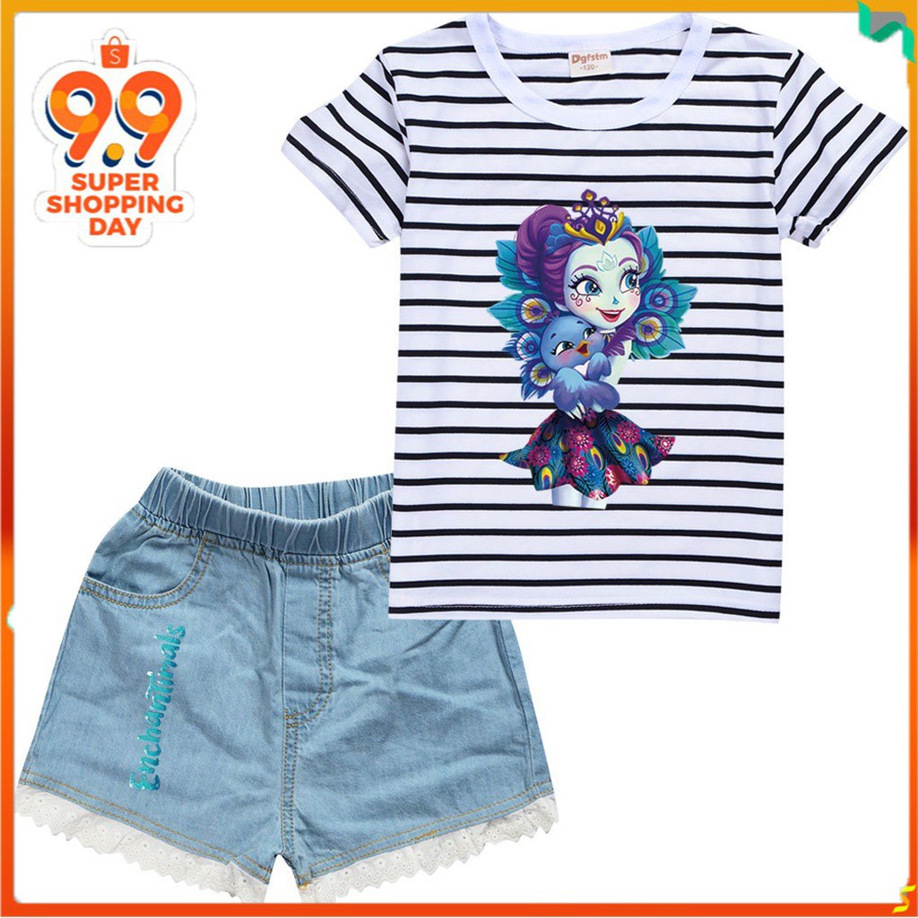 In Stock Summer Girls Tops Shorts Kids Clothing Set Girls Short Sleeved Cotton T Shirts Denim Shorts Enchantimals Printed Cute Cartoon Children Suit Set Tops And Shorts Z1069 Shopee Thailand