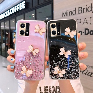 เคสโทรศัพท์มือถือ ซิลิโคนนุ่ม ใส แต่งกลิตเตอร์ คริสตัล ลายผีเสื้อ แวววาว สําหรับ OPPO Reno7 4G Reno7 4G 2022