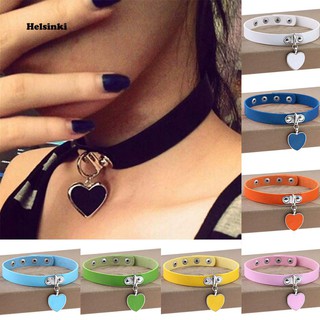 HEL_Punk Gothic Women Love Heart Pendant Faux Leather Choker Collar Necklace Bracelet